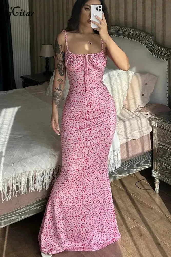 Summer Floral Lace-Up Maxi Dress
