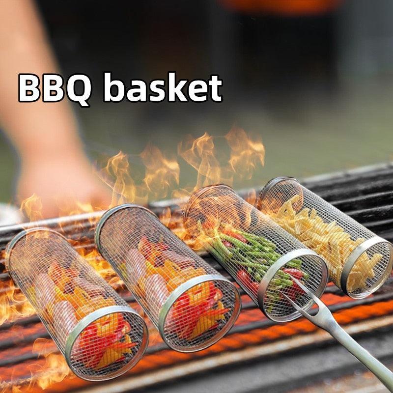 New Rolling Grilling BBQ Basket Stainless Steel Leakproof Mesh Barbecue Rack Outdoor Picnic Camping Simple Cylindrical BBQ Grill - Pretty Little Wish.com