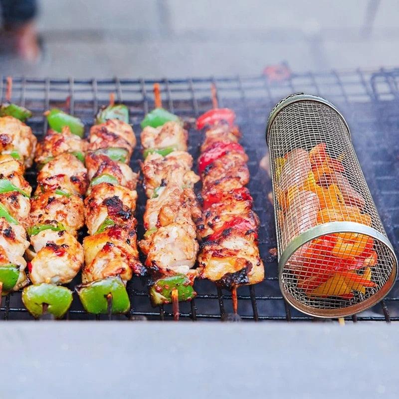 New Rolling Grilling BBQ Basket Stainless Steel Leakproof Mesh Barbecue Rack Outdoor Picnic Camping Simple Cylindrical BBQ Grill - Pretty Little Wish.com