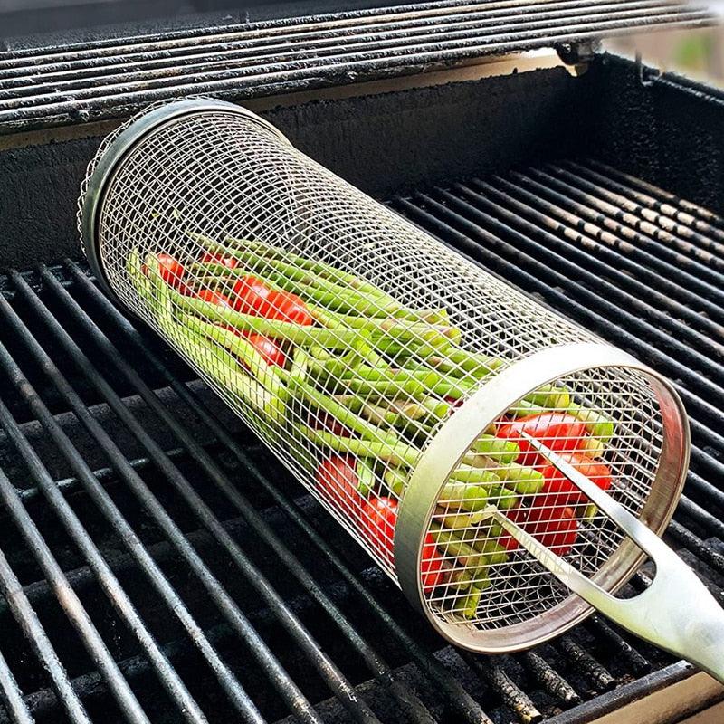 New Rolling Grilling BBQ Basket Stainless Steel Leakproof Mesh Barbecue Rack Outdoor Picnic Camping Simple Cylindrical BBQ Grill - Pretty Little Wish.com