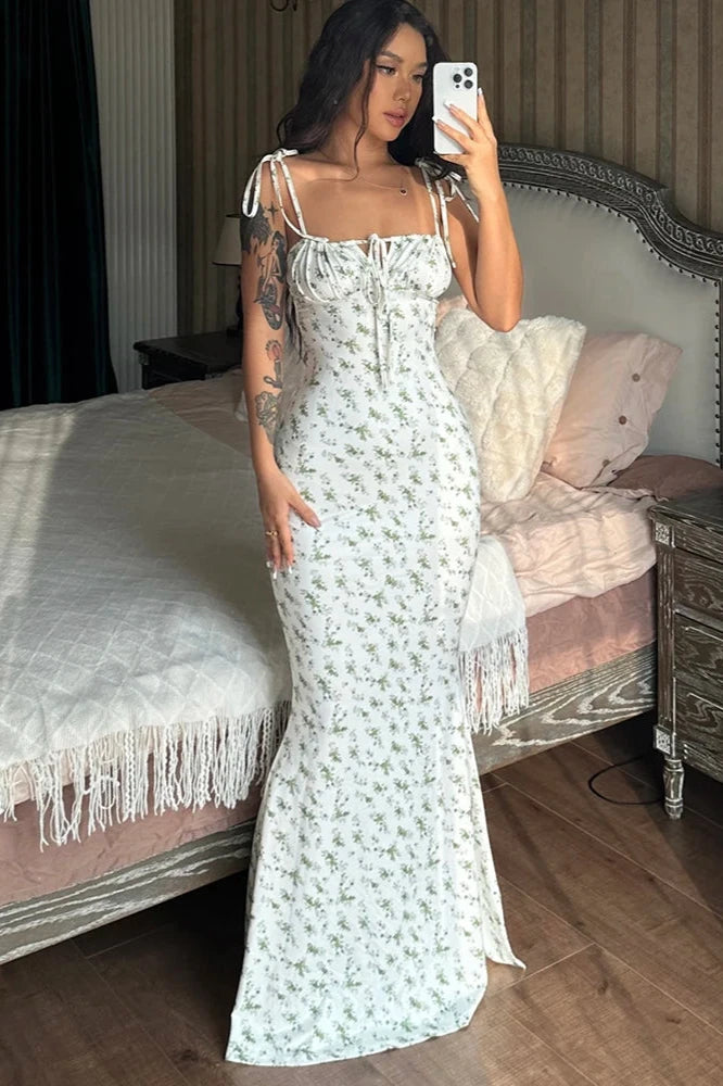 Summer Floral Lace-Up Maxi Dress