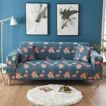 Blue Pink Flamingo's Tropical Flowers Stretch Sofa Couch Slip Cover - Pretty Little Wish.com