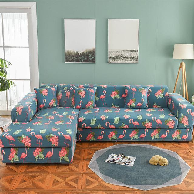 Blue Pink Flamingo's Tropical Flowers Stretch Sofa Couch Slip Cover - Pretty Little Wish.com