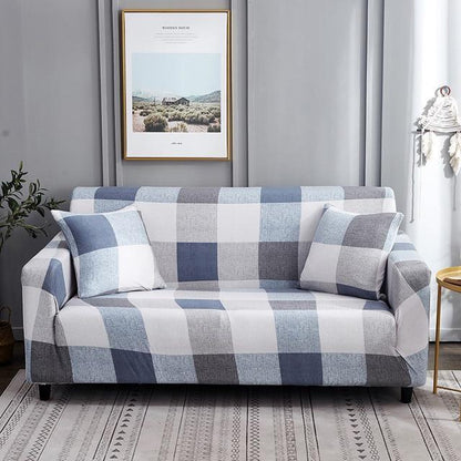 Blue White Beige Checkered Stretch Sofa Cover - Pretty Little Wish.com