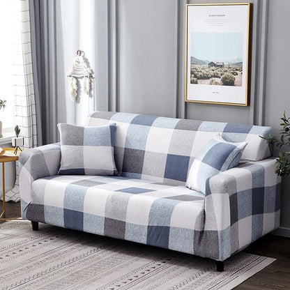 Blue White Beige Checkered Stretch Sofa Cover - Pretty Little Wish.com