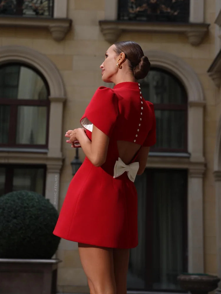 Elegant Red Bowknot Mini Dress