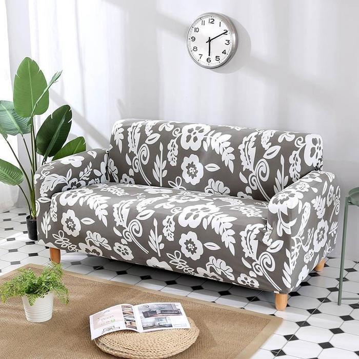 Simple Beige White Flower Pattern Stretch Sofa Couch Slip Cover - Pretty Little Wish.com