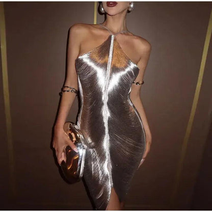 Glitz Gala Shimmer Sexy Hanging Neck Metallic Dress - Pretty Little Wish.com