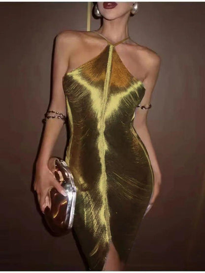 Glitz Gala Shimmer Sexy Hanging Neck Metallic Dress - Pretty Little Wish.com