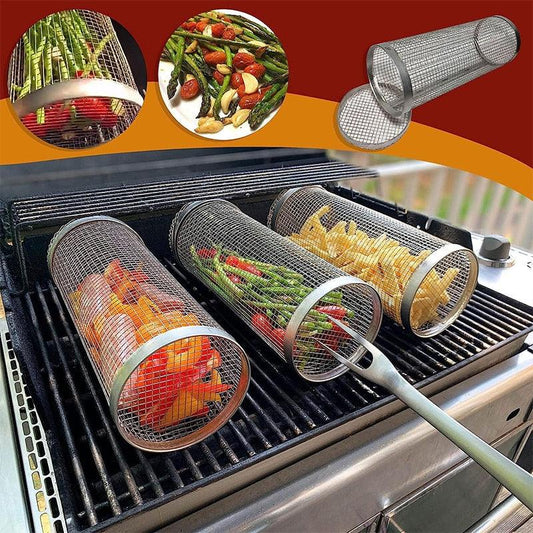 New Rolling Grilling BBQ Basket Stainless Steel Leakproof Mesh Barbecue Rack Outdoor Picnic Camping Simple Cylindrical BBQ Grill - Pretty Little Wish.com